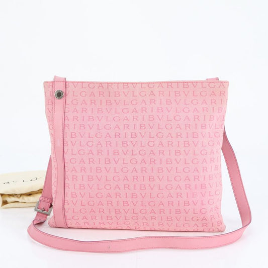 Bulgari Logomania Leather Canvas Shoulder Bag Crossbody Hand Tote Pink Women