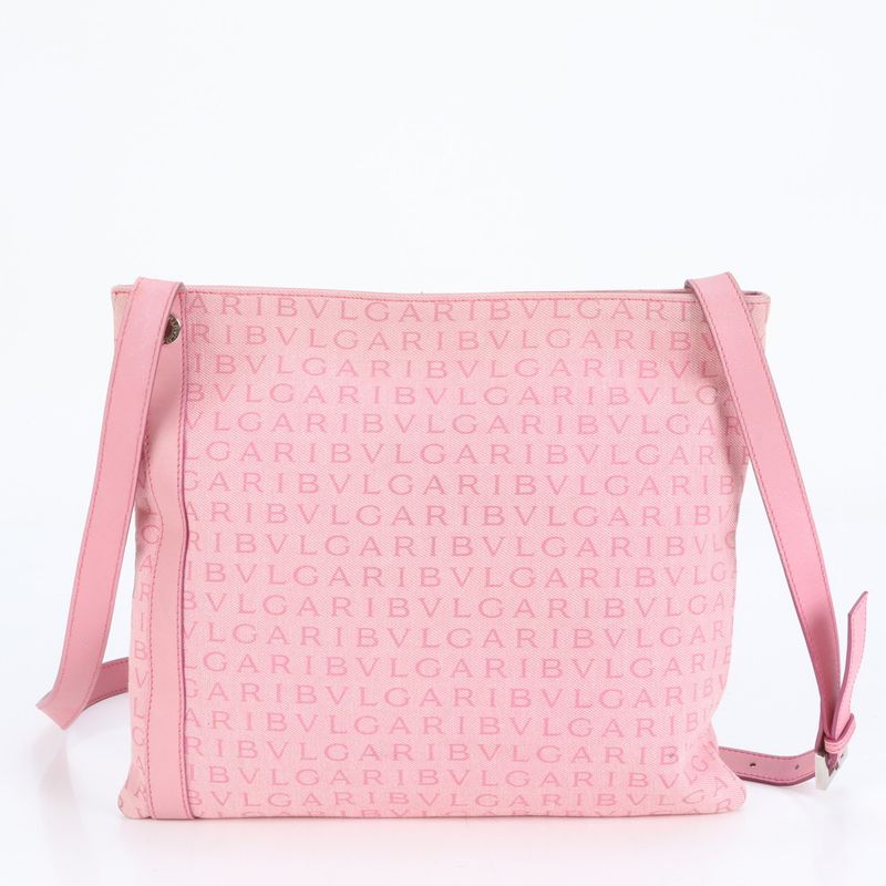 Bulgari Logomania Leather Canvas Shoulder Bag Crossbody Hand Tote Pink Women