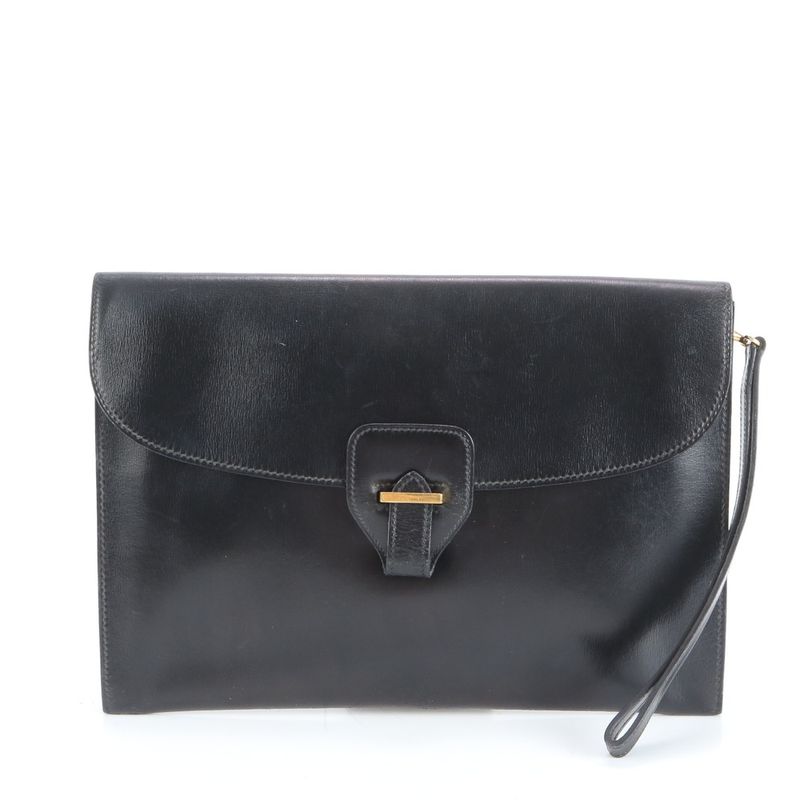 Hermes 00L Mark Box Calf Leather Dolly Clutch Bag Second Pouch Black Gold