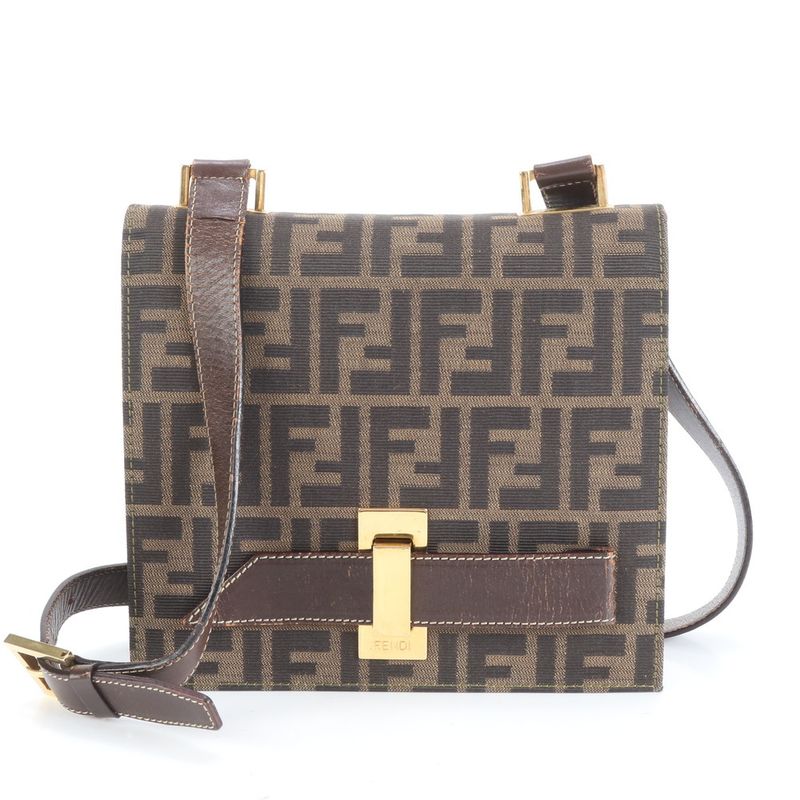 Fendi Zucca Canvas Leather Shoulder Bag Shoulder Hand Genuine Leather Brown