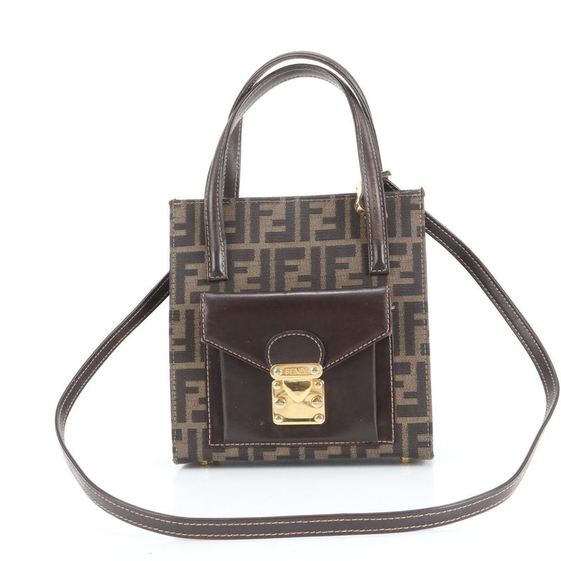 Vintage Fendi Zucca Leather Brown 2WAY Shoulder Bag Crossbody Hand Tote Women's