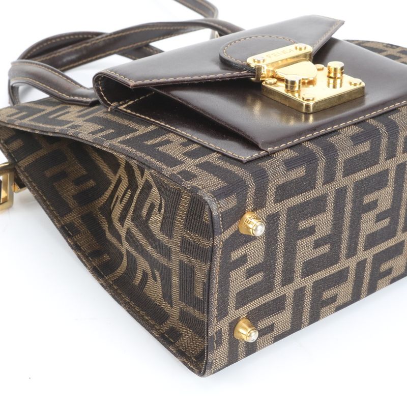 Vintage Fendi Zucca Leather Brown 2WAY Shoulder Bag Crossbody Hand Tote Women's