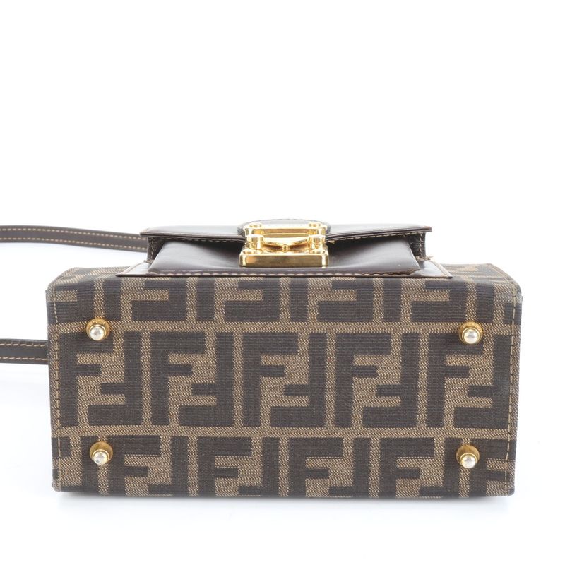 Vintage Fendi Zucca Leather Brown 2WAY Shoulder Bag Crossbody Hand Tote Women's