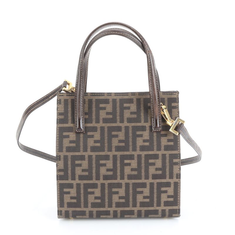 Vintage Fendi Zucca Leather Brown 2WAY Shoulder Bag Crossbody Hand Tote Women's