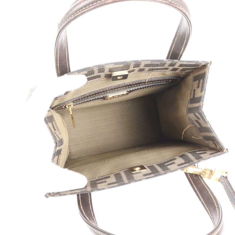 Vintage Fendi Zucca Leather Brown 2WAY Shoulder Bag Crossbody Hand Tote Women's