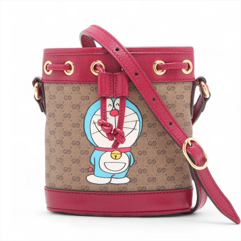 Gucci X Doraemon Collaboration Micro GG Mini Bucket 647801 Leather Shoulder Bag