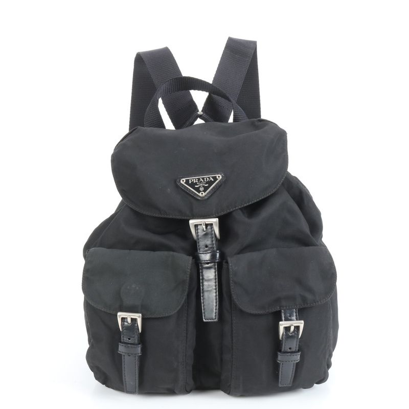 Prada Tessuto Nylon Triangle Logo Leather Backpack Sac Backpack Black Women EEE