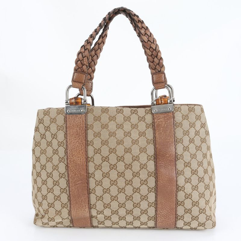 Gucci GG Canvas Bamboo Bar Leather Tote Bag Shoulder Brown A4 232947 Women's