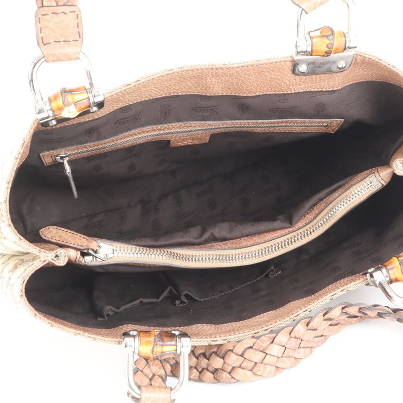 Gucci GG Canvas Bamboo Bar Leather Tote Bag Shoulder Brown A4 232947 Women's