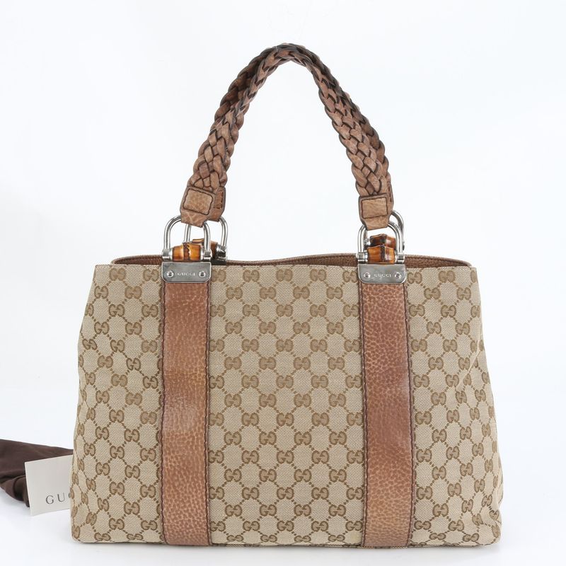 Gucci GG Canvas Bamboo Bar Leather Tote Bag Shoulder Brown A4 232947 Women's