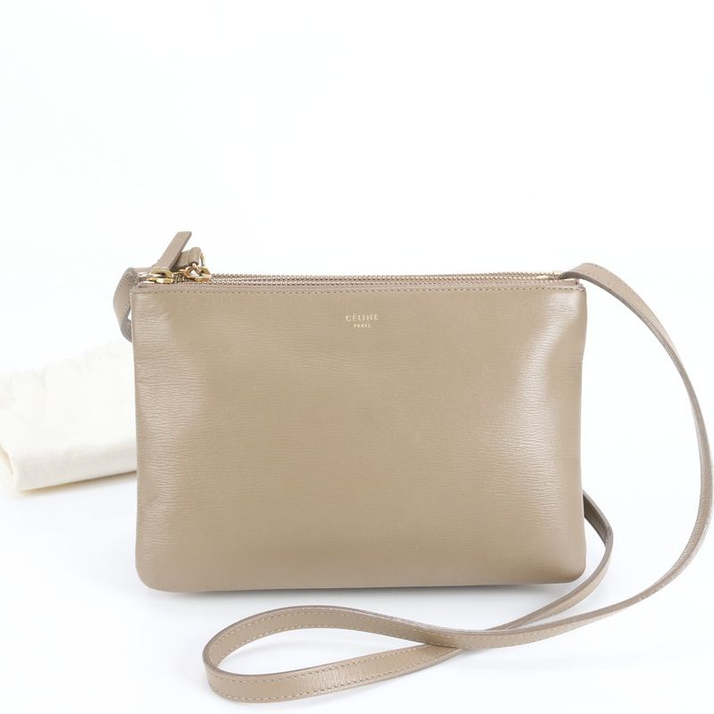 Celine Trio Small Leather Shoulder Bag Crossbody Pouch Beige Tote Women's ERE