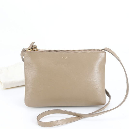 Celine Trio Small Leather Shoulder Bag Crossbody Pouch Beige Tote Women's ERE