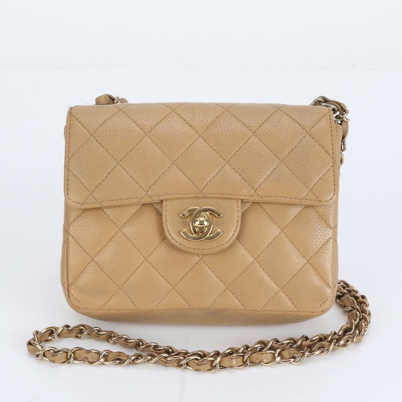 Hakata Daimaru Chanel Beige Mini Matelasse Caviar Skin Shoulder Bag With Serial