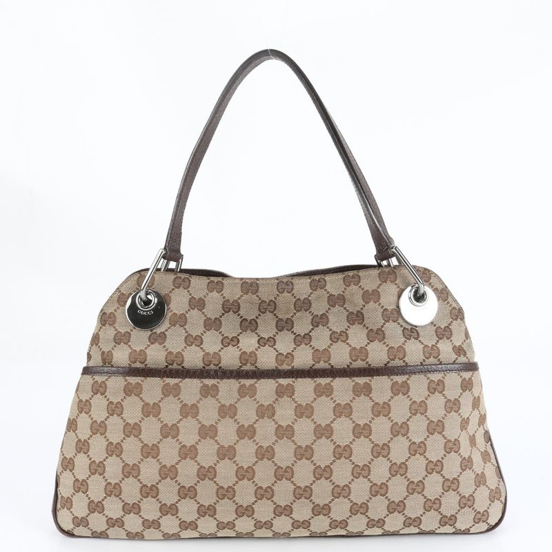 Gucci GG Canvas Leather Tote Bag Shoulder Hand Brown Silver Hardware 121023