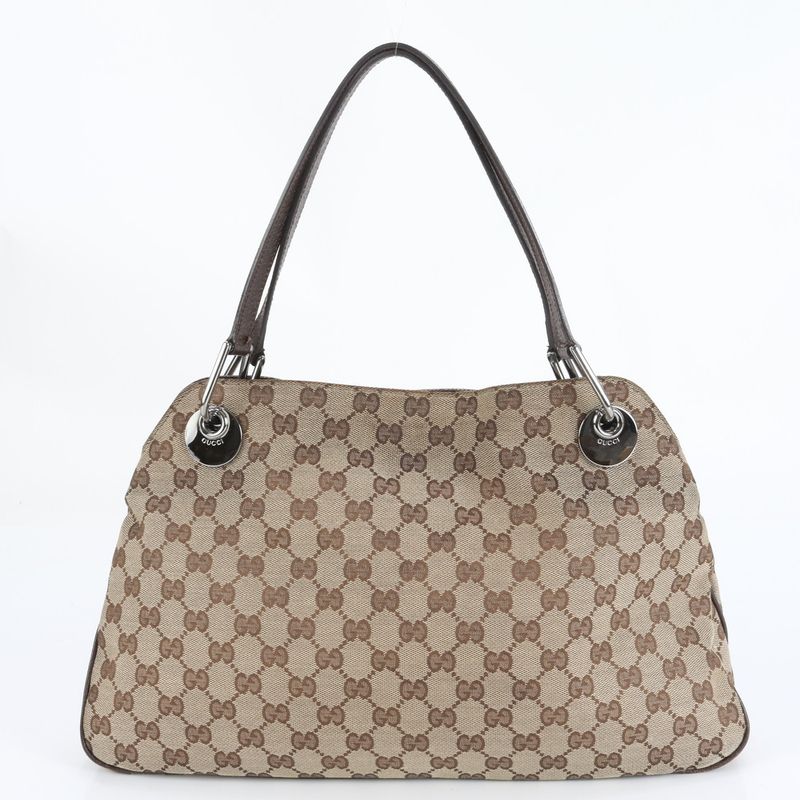 Gucci GG Canvas Leather Tote Bag Shoulder Hand Brown Silver Hardware 121023