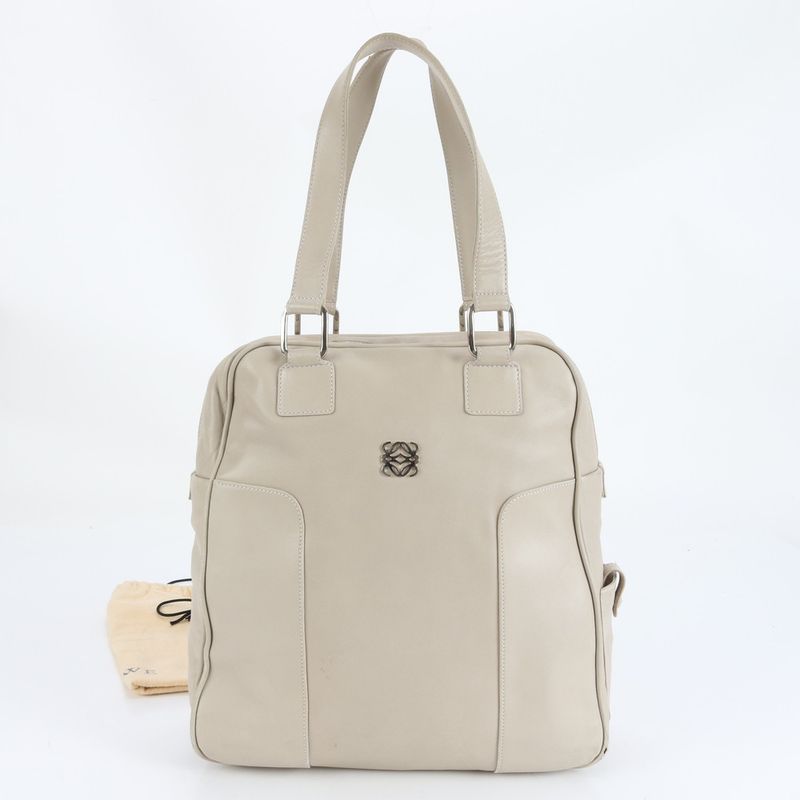 Loewe Anagram Leather Tote Bag Mini Boston Shoulder Hand Beige Silver Hardware
