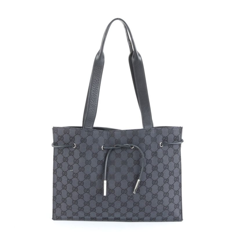Gucci GG Canvas Leather Tote Bag Shoulder Hand Silver Hardware Black 002-1053