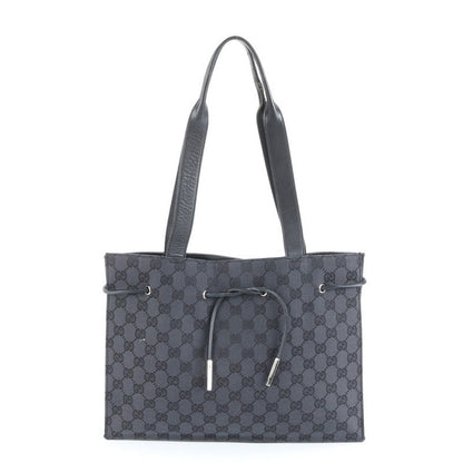 Gucci GG Canvas Leather Tote Bag Shoulder Hand Silver Hardware Black 002-1053