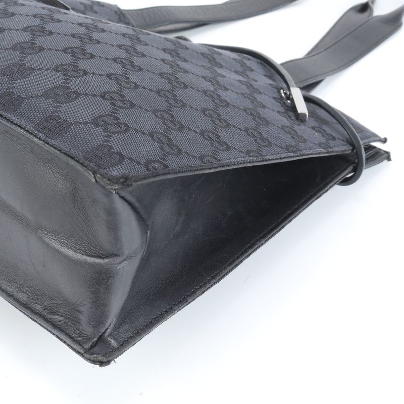 Gucci GG Canvas Leather Tote Bag Shoulder Hand Silver Hardware Black 002-1053