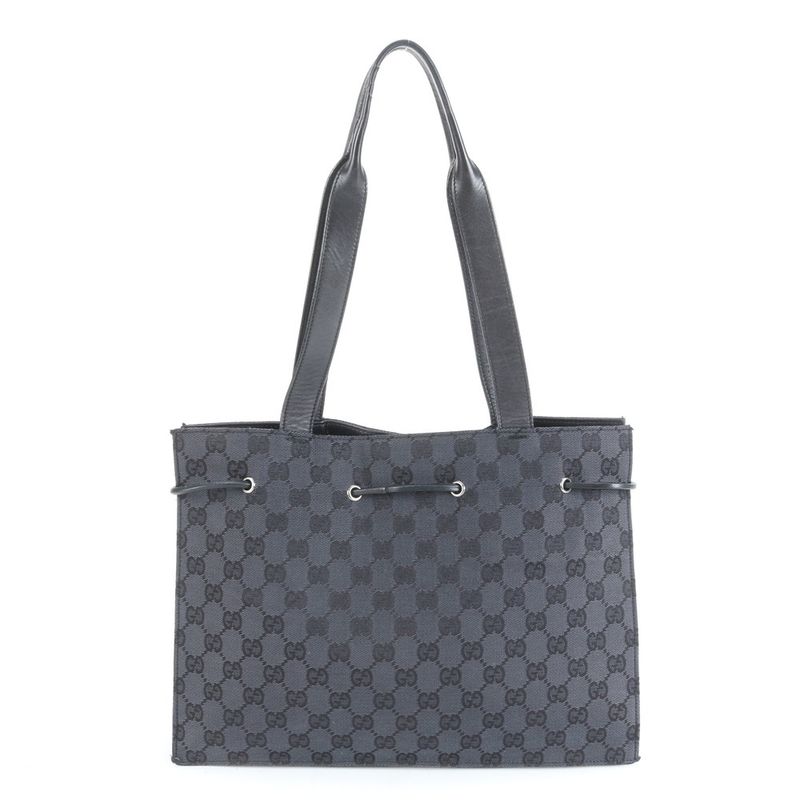 Gucci GG Canvas Leather Tote Bag Shoulder Hand Silver Hardware Black 002-1053