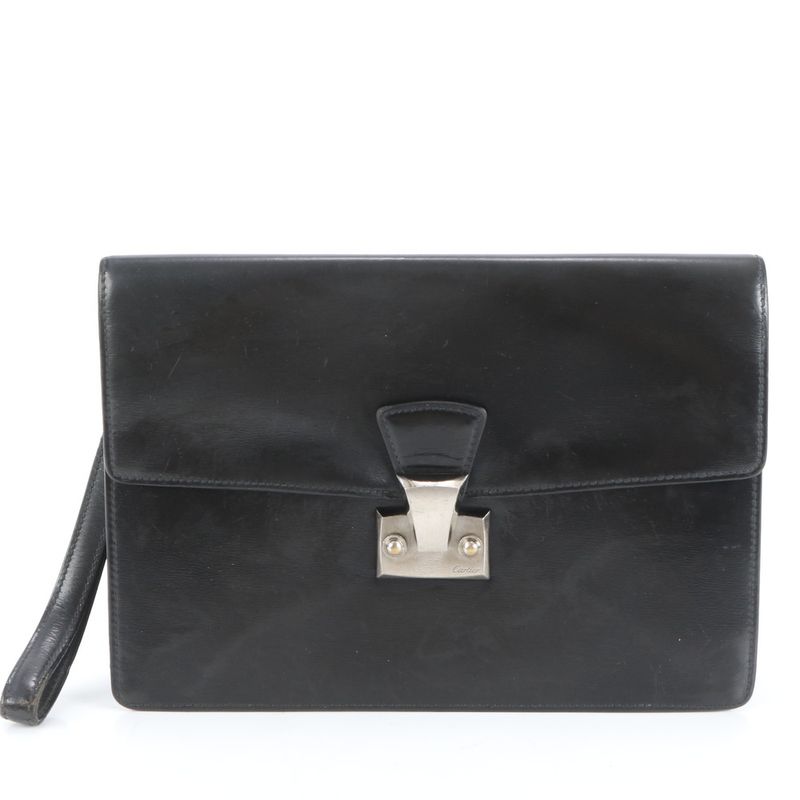 Cartier Pasha Leather Second Bag Clutch Pouch Commuter Business Black Gentleman