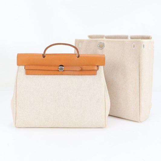 Hermes Herbag MM □D Marked Toile Ash Leather Tote Bag Shoulder Business