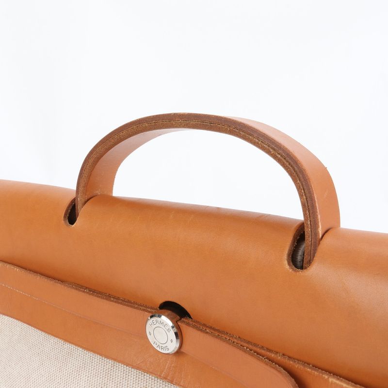 Hermes Herbag MM □D Marked Toile Ash Leather Tote Bag Shoulder Business