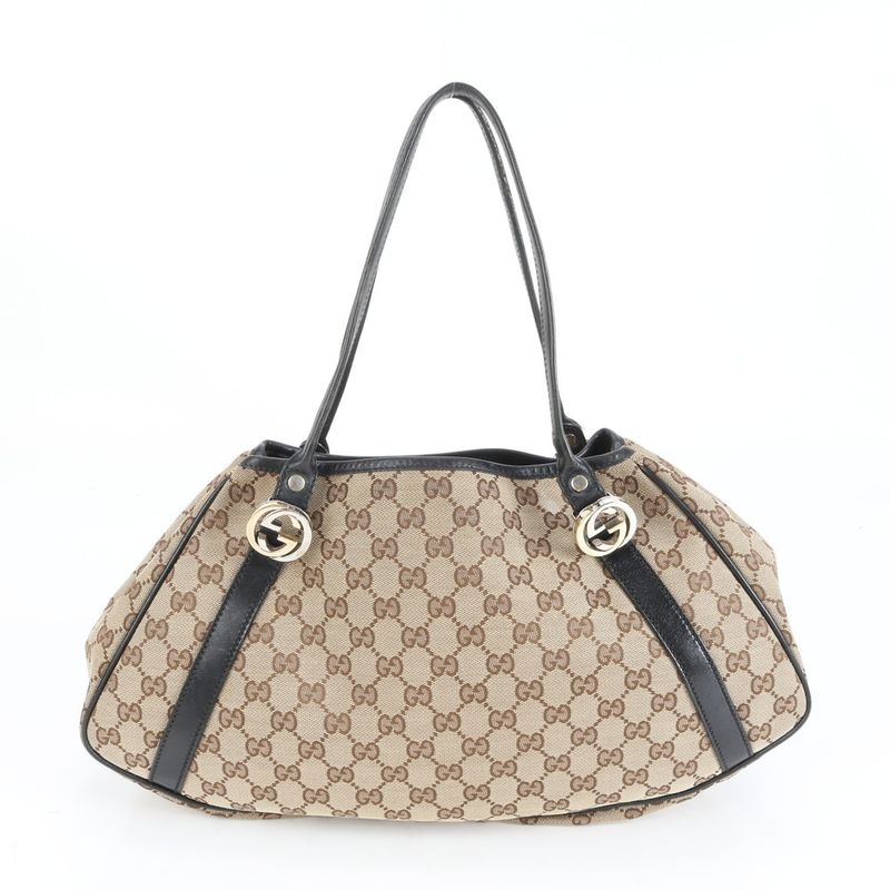 Gucci GG Twins Leather Canvas Tote Bag Shoulder Hand 232963 Gold Hardware
