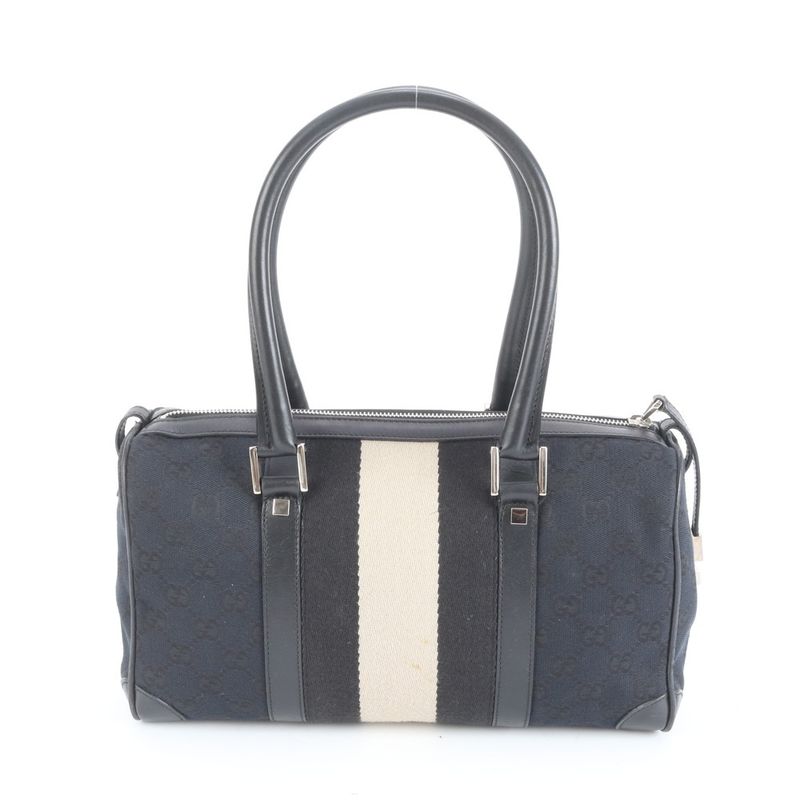 Gucci GG Canvas Leather Handbag Mini Boston Tote Black 000-0851 Silver Hardware