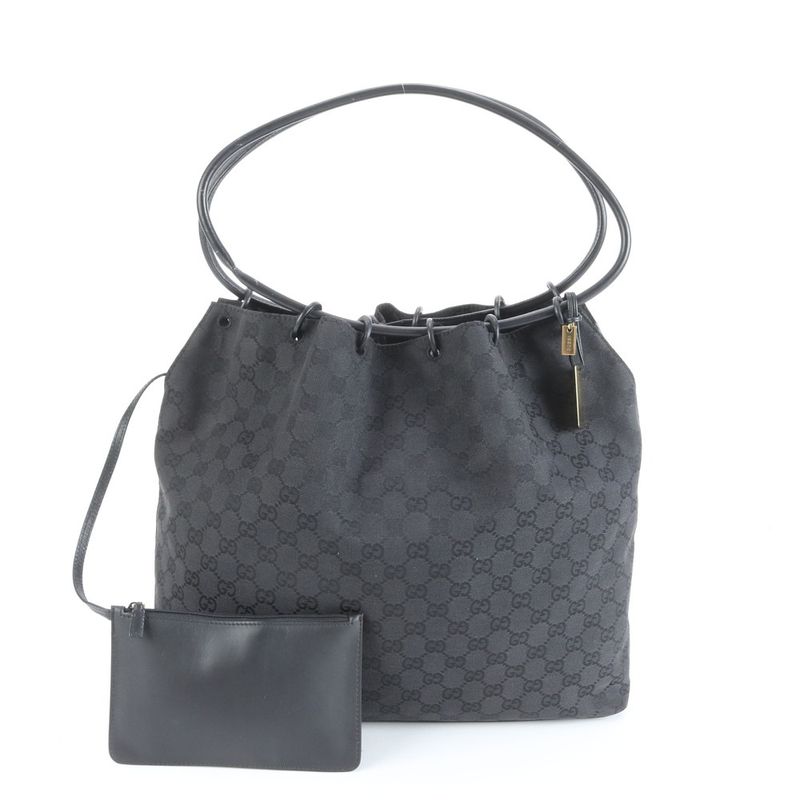 Gucci GG Canvas Leather Drawstring Tote Bag Shoulder Hand Black 90640 A4 Women