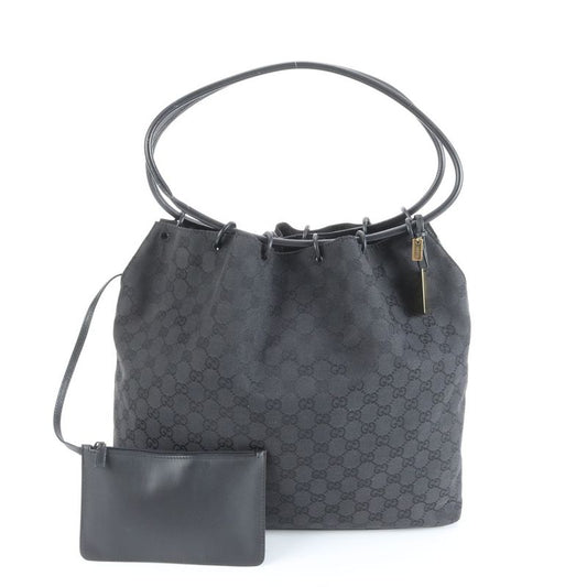 Gucci GG Canvas Leather Drawstring Tote Bag Shoulder Hand Black 90640 A4 Women