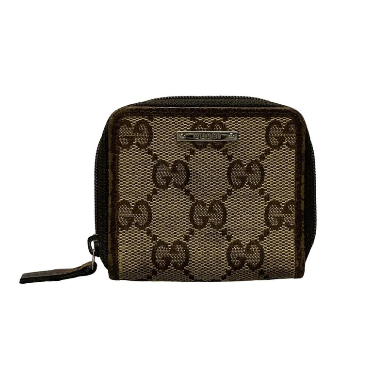 Gucci Coin Case GG Pattern 115255 Beige X Dark Brown Round Zipper Leather