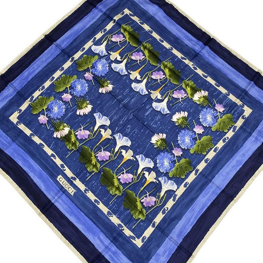 Gucci Scarf Blue And Multi Floral Pattern