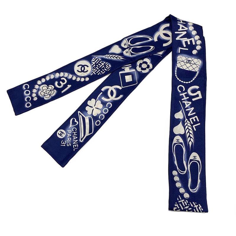 Chanel Scarf - Dark Navy And Ivory Ribbon Scarf / Coco Mark / Heart / Flower