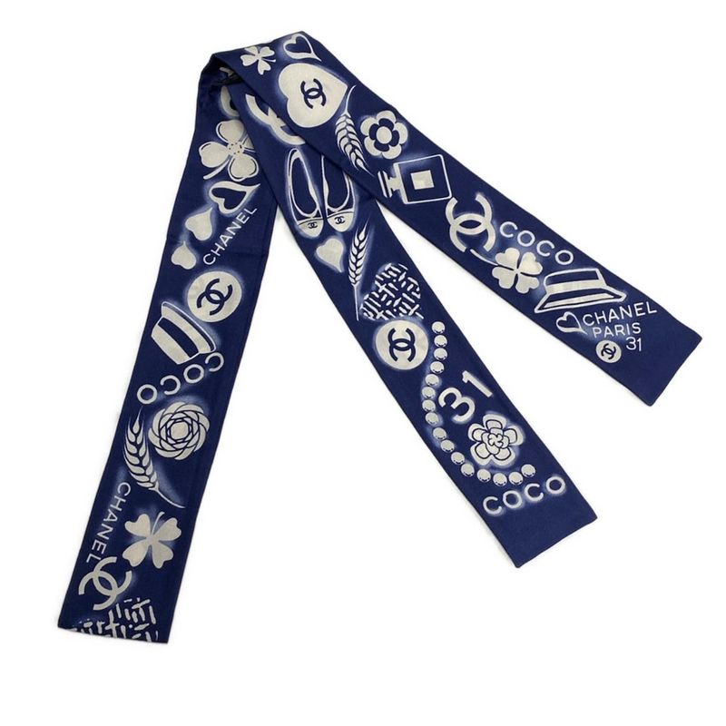 Chanel Scarf - Dark Navy And Ivory Ribbon Scarf / Coco Mark / Heart / Flower