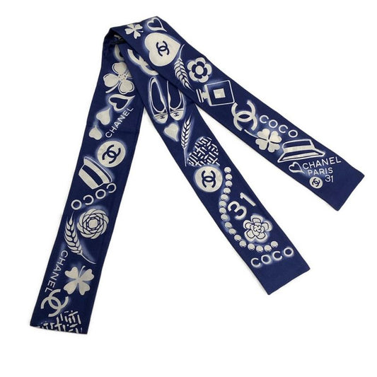 Chanel Scarf - Dark Navy And Ivory Ribbon Scarf / Coco Mark / Heart / Flower