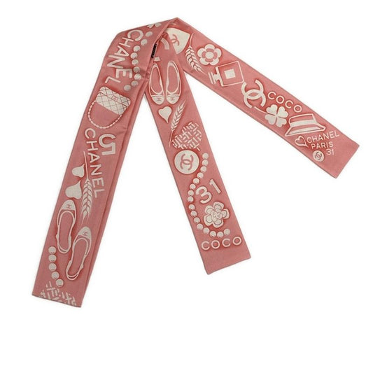 Chanel Scarf - Light Pink And Ivory Ribbon Scarf / Heart / Flower / Coco Mark