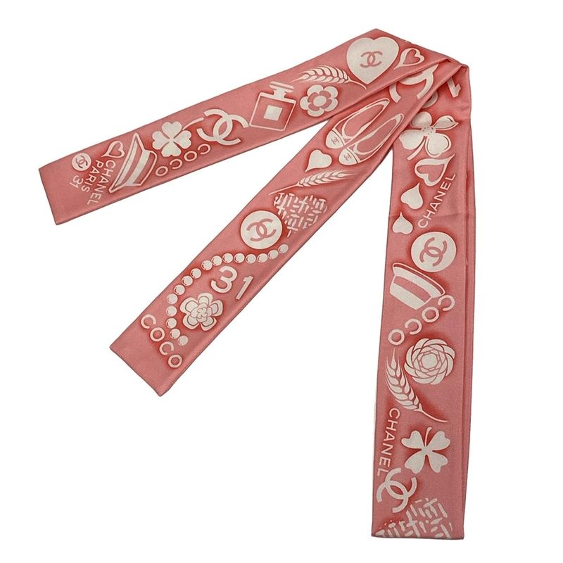 Chanel Scarf - Light Pink And Ivory Ribbon Scarf / Heart / Flower / Coco Mark