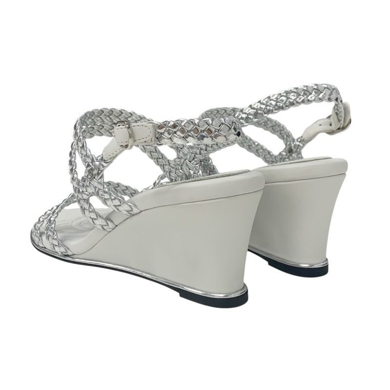 Chanel Sandals Shoes Leather Silver White Strap Braided Wedge Sole