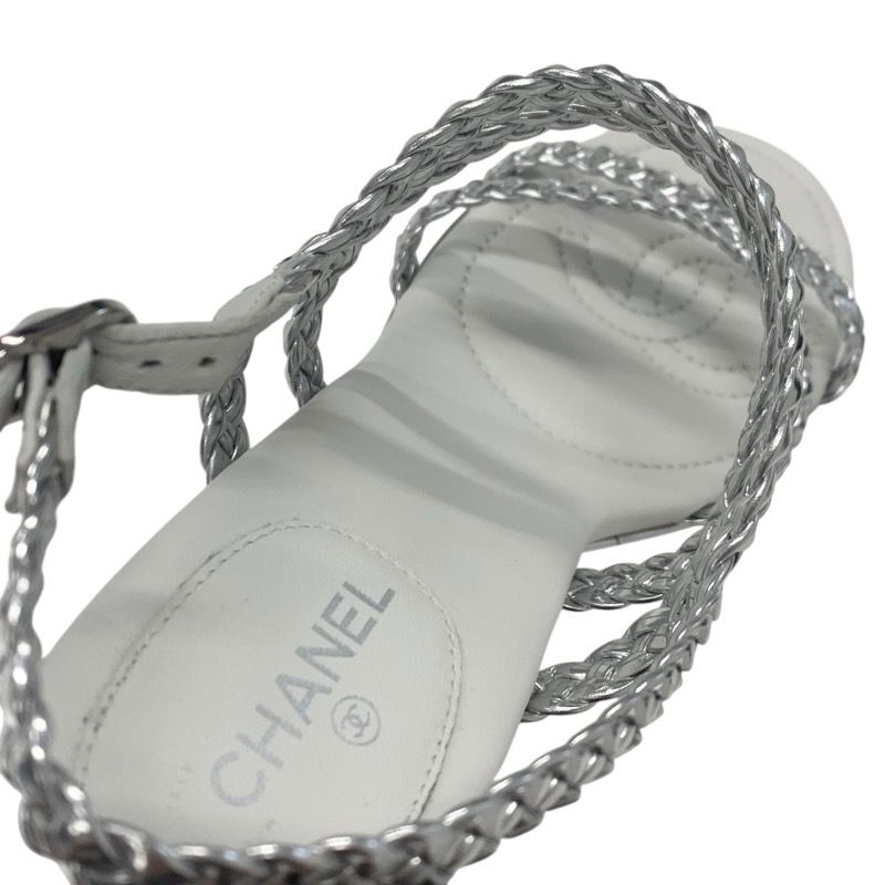 Chanel Sandals Shoes Leather Silver White Strap Braided Wedge Sole