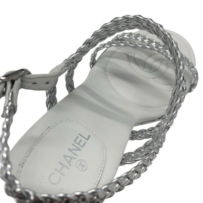 Chanel Sandals Shoes Leather Silver White Strap Braided Wedge Sole