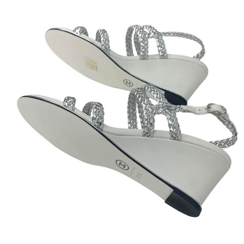 Chanel Sandals Shoes Leather Silver White Strap Braided Wedge Sole