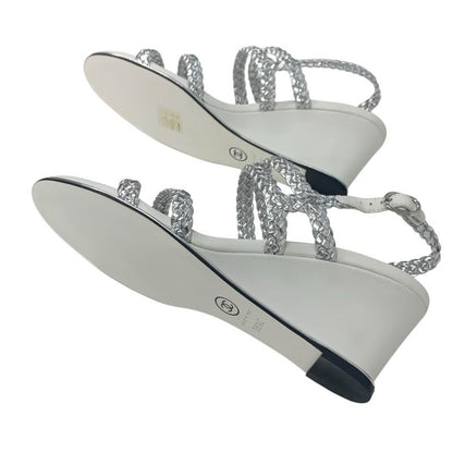 Chanel Sandals Shoes Leather Silver White Strap Braided Wedge Sole
