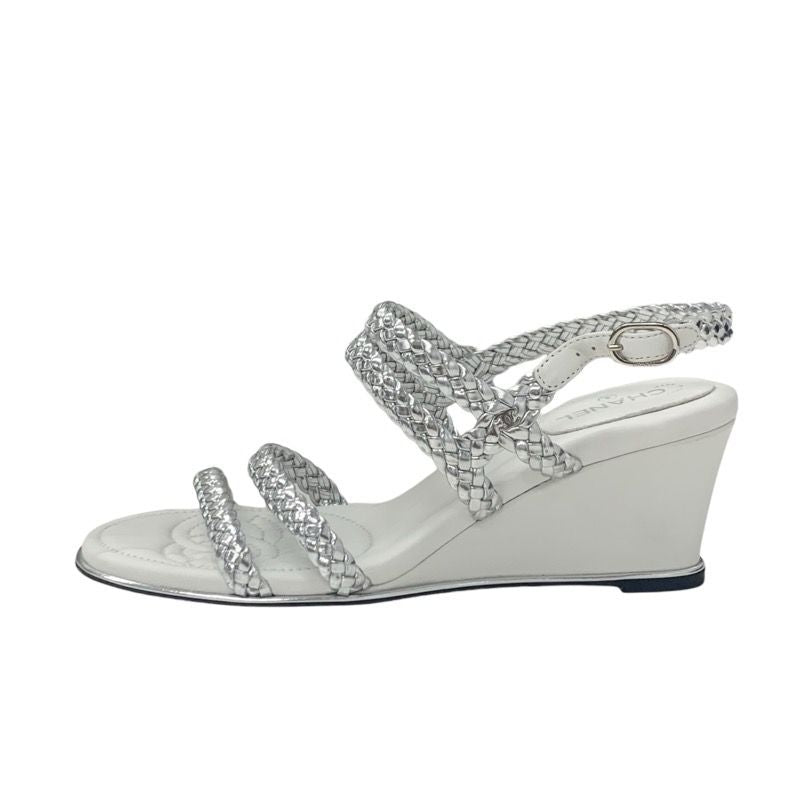 Chanel Sandals Shoes Leather Silver White Strap Braided Wedge Sole