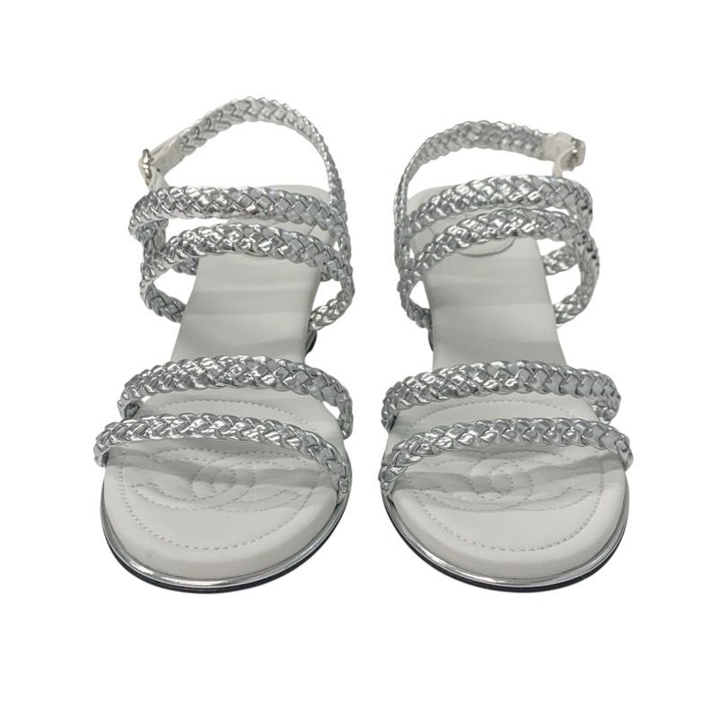 Chanel Sandals Shoes Leather Silver White Strap Braided Wedge Sole