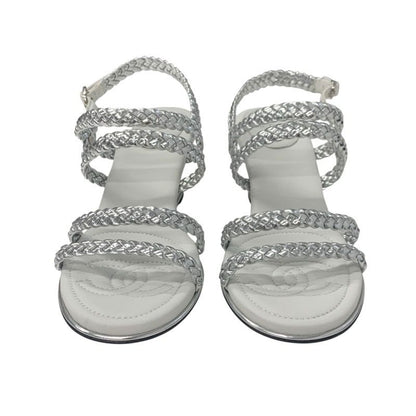 Chanel Sandals Shoes Leather Silver White Strap Braided Wedge Sole