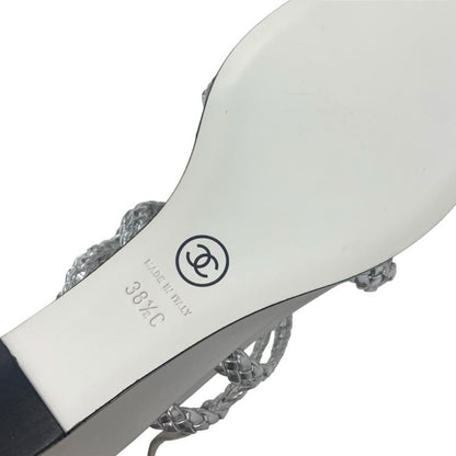 Chanel Sandals Shoes Leather Silver White Strap Braided Wedge Sole