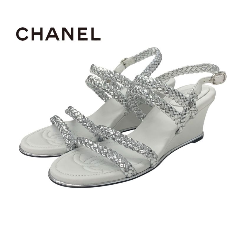 Chanel Sandals Shoes Leather Silver White Strap Braided Wedge Sole