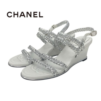 Chanel Sandals Shoes Leather Silver White Strap Braided Wedge Sole