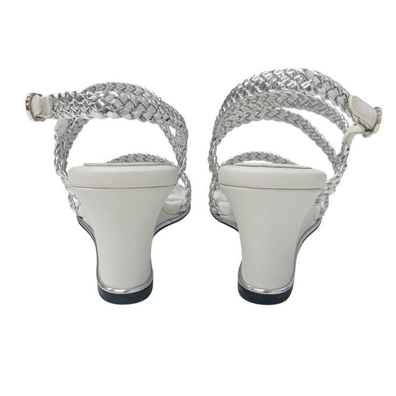 Chanel Sandals Shoes Leather Silver White Strap Braided Wedge Sole